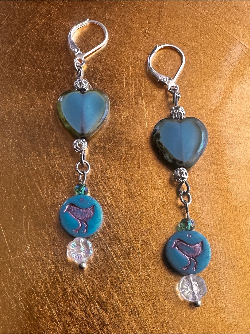 Handmade Czech Turquoise Heart & Bird Drop Earrings - Silver Tone